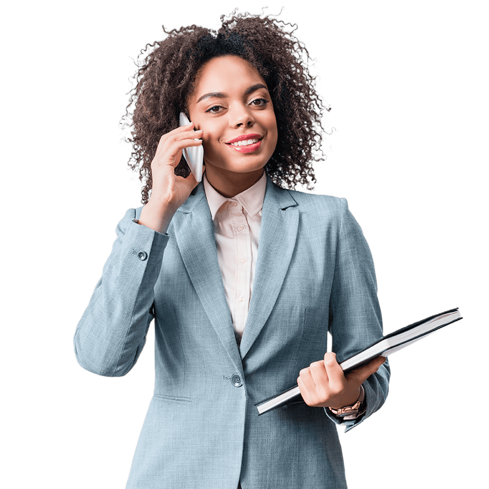 Criação de Sites em Goiânia - Vespa - young businesswoman with papers talking on the pho 2022 11 03 04 01 14 utc